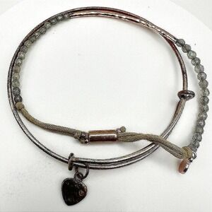 VTG Silver Tone Expandable Wire Bangle Bracelet Layered Cord Bead Heart Charm
